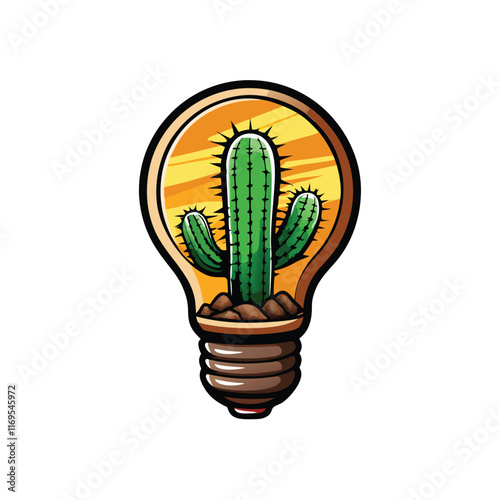 A cartoon illustration of a lightbulb with a cactus growing out of it, the bulb is lit and there are streaks of yellow light emanating from it.