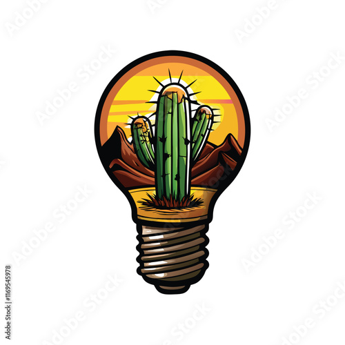 A tall, green cactus with a prickly stem and rounded, spiky head grows out of a lightbulb, with the sunset and desert landscape visible inside the bulb.