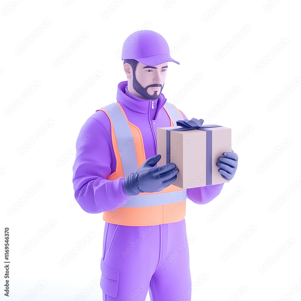 logistics online trading automation concept. A delivery worker in a purple uniform holding a cardboard box. logistics online trading automation concept. A delivery worker in a purple uniform holding a cardboard box.