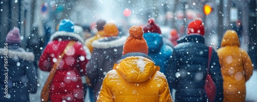 A crowd of individuals wearing brightly coloured scarves or hats as they stroll along a snowy sidewalk photo