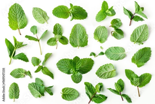 Fresh mint leaves collection isolated on white background.