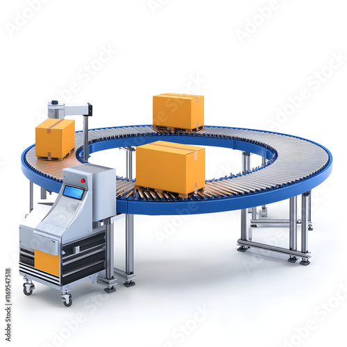 logistics online trading automation concept. Conveyor belt system with yellow boxes for efficient packaging and distribution.