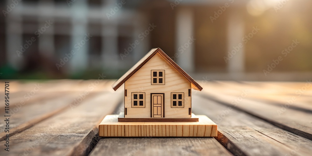 A small wooden house model sits on a rustic wooden surface with warm sunlight in the background. Symbolizing home, real estate, and investment, the image conveys warmth and security. A small wooden house model sits on a rustic wooden surface with warm sunlight in the background. Symbolizing home, real estate, and investment, the image conveys warmth and security.