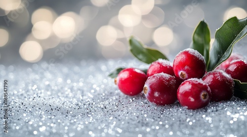 Fresh cranberries arranged on a sparkly surface with soft bokeh background for seasonal decor photo