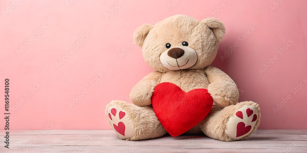 Obraz premium A fluffy beige teddy bear sits against a soft pink background, holding a vibrant red heart. Its friendly smile and warm appearance evoke feelings of love, care, and affection.