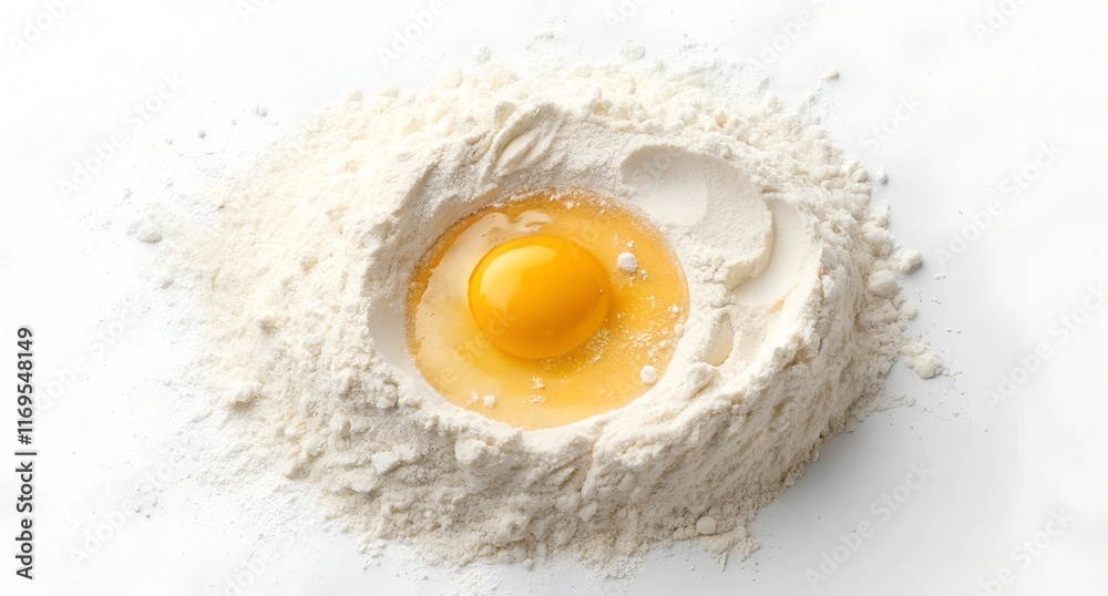 A golden egg yolk rests in a crater of white flour, surrounded by fine powdery texture, capturing the essence of traditional baking preparation.