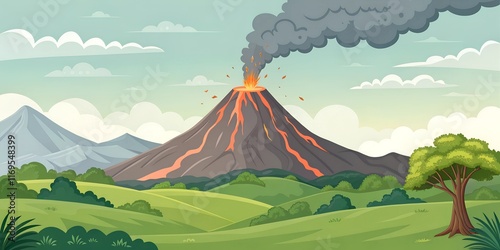 A colorful cartoon illustration of a volcano erupting with smoke and lava, surrounded by green hills, blue sky, and lush trees. Perfect for educational materials and kids' designs.