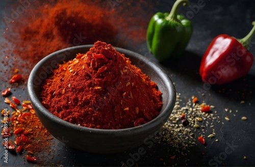 Fresh and dry chilli pepper. Chili powder in wooden bowl with raw pepper on dark background