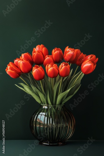 Wallpaper Mural Bright orange tulips in a dark glass vase on a green background create a vibrant floral display Torontodigital.ca