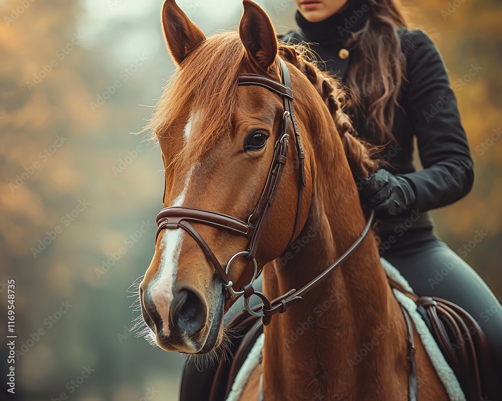 Obraz premium Chestnut horse portrait, rider in autumn.