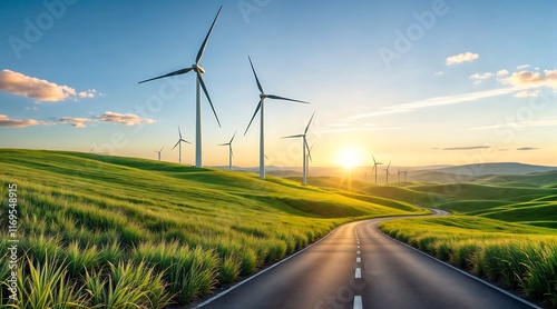 Wind Turbines on Green Hills at Sunset, Clean Renewable Energy and Sustainability