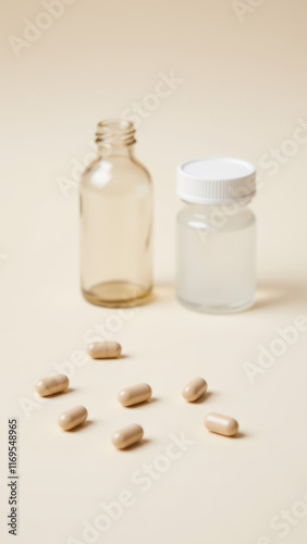 Wallpaper Mural Magnesium Glycinate dietary supplement capsules in a clear bottle with white label on a wooden surface. Torontodigital.ca