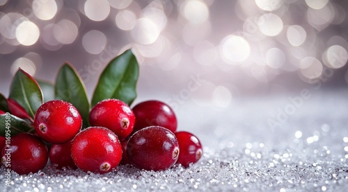 Fresh cranberries arranged on a sparkly surface with soft bokeh background for seasonal decor photo