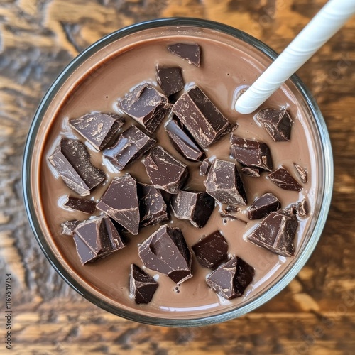 Enjoying a creamy chocolate drink topped with rich chocolate chunks on a wooden table photo