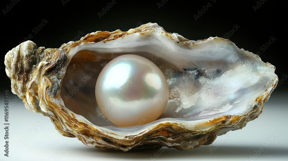 Single pearl inside open oyster shell on dark background.
