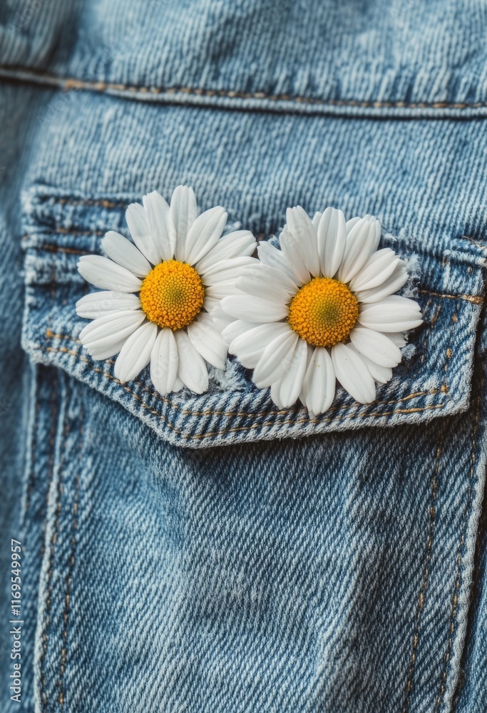 Obraz premium Close-up of daisies in a denim pocket. Ideal for spring, love and summer themes. Copy space.