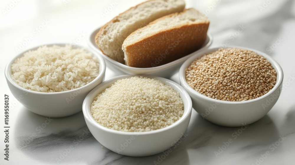 White bowls hold grains, rice, and bread slices. White bowls hold grains, rice, and bread slices.
