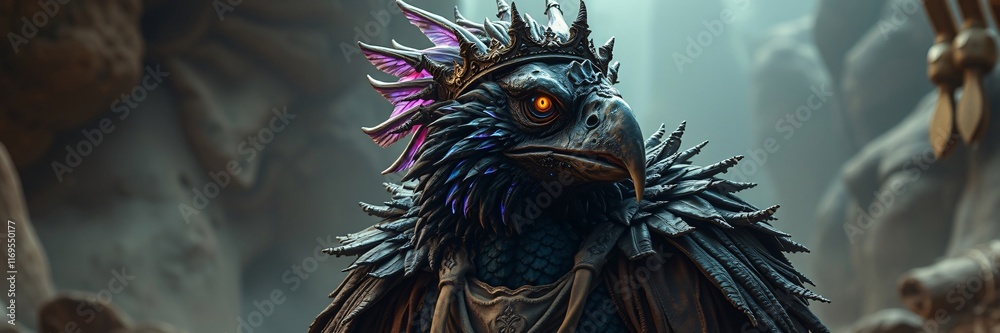 Epic scene, A decaying Skeksis-like bird king, scales mottled in radiant blues and purples, iridescent plumes, neon eyes, earth tones, natural light effects. Epic scene, A decaying Skeksis-like bird king, scales mottled in radiant blues and purples, iridescent plumes, neon eyes, earth tones, natural light effects.