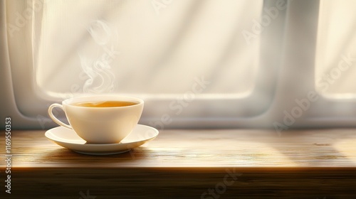 Wallpaper Mural   A wooden table holds a coffee cup nearby a curtained window Torontodigital.ca