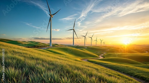 Wind Turbines on Green Hills at Sunset, Clean Renewable Energy and Sustainability