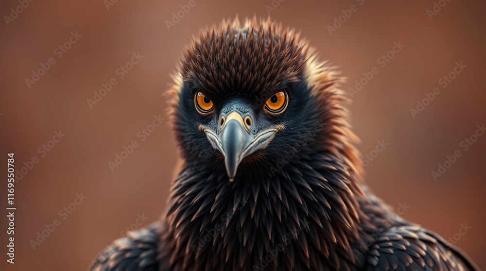 Fototapeta premium High-contrast artistic portrait of an Ethiopian vulture, warm autumn colors. Earthy, cozy tones. The vulture's dark plumage and yellow eyes are accentuated.