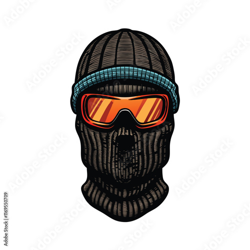 Illustration of a detailed ski mask in dark knit fabric with ski goggles.