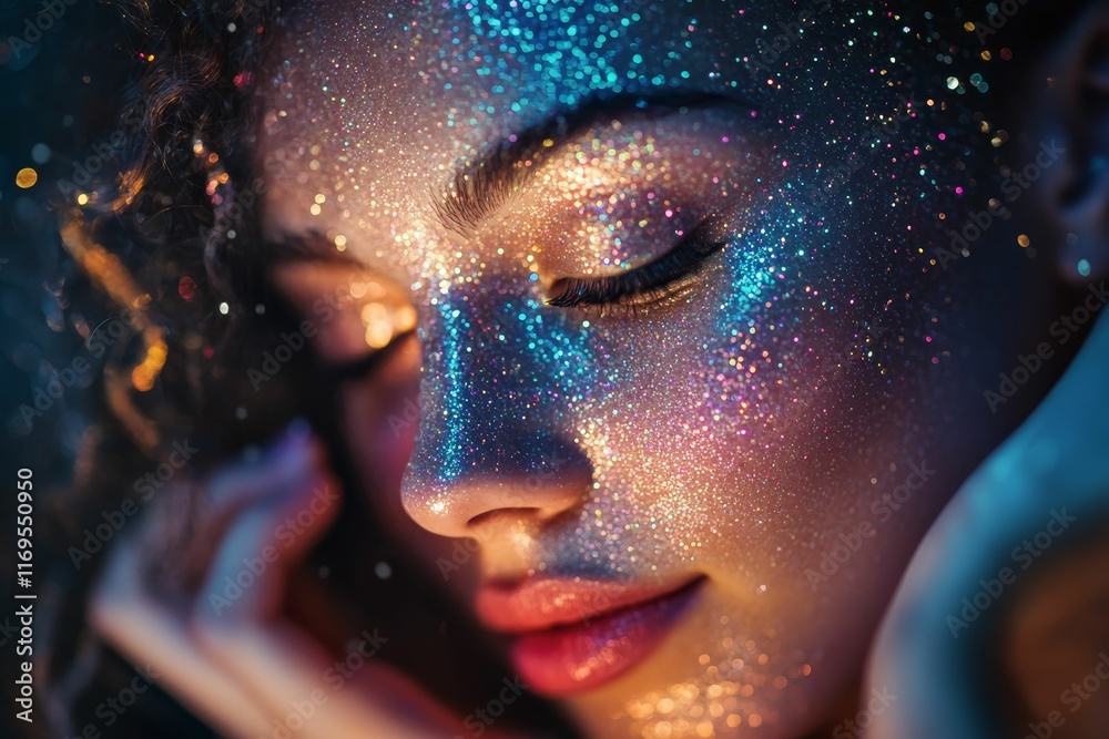 Glitter face, closed eyes, dreamy expression. Glitter face, closed eyes, dreamy expression.