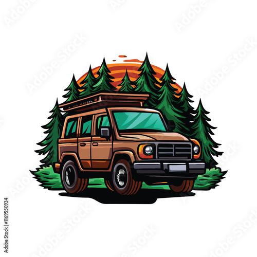 A detailed vector illustration of a brown pickup truck with a roof rack, set against a backdrop of a forest and a sunset.