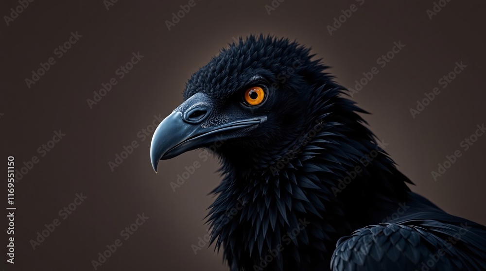 Intense jet black portrait photograph of an Ethiopian vulture, its dark plumage glistening, sharp beak and yellow eyes piercing, against a muted background. Intense jet black portrait photograph of an Ethiopian vulture, its dark plumage glistening, sharp beak and yellow eyes piercing, against a muted background.