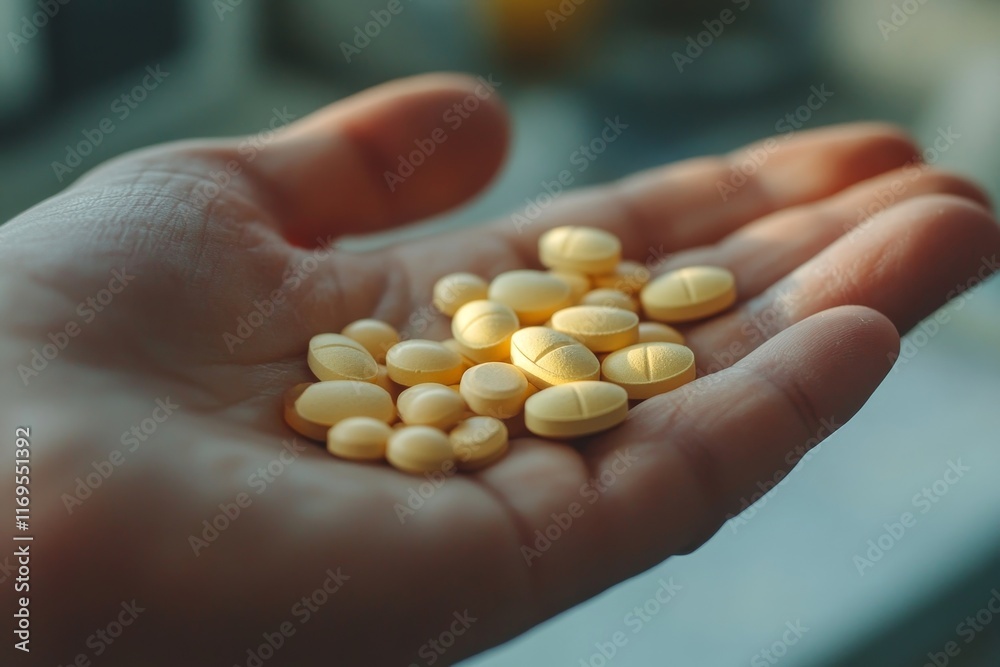 the person using drug overdoses lying on the table. close up on pills in hand, Generative AI the person using drug overdoses lying on the table. close up on pills in hand, Generative AI