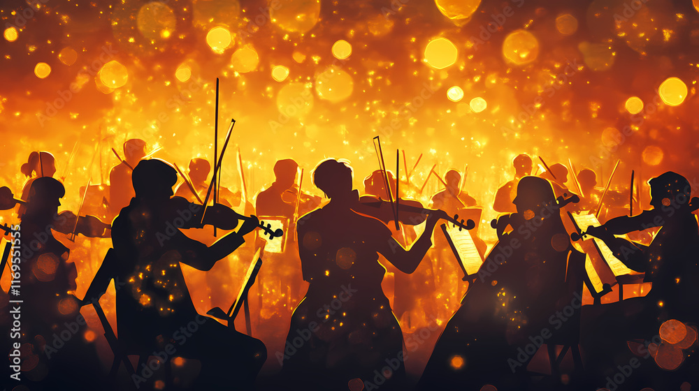 Fototapeta premium Silhouetted symphony orchestra performing in radiant amber illumination. Crescendo. Illustration
