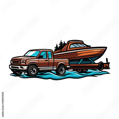 Vector illustration of a brown pickup truck towing a boat with a trailer.