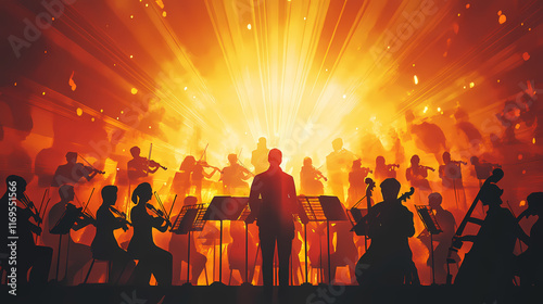 Silhouetted symphony orchestra performing in radiant amber illumination. Crescendo. Illustration
