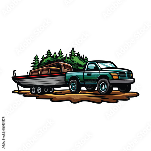 A detailed vector illustration of a green pickup truck towing a boat with a wooden deck.