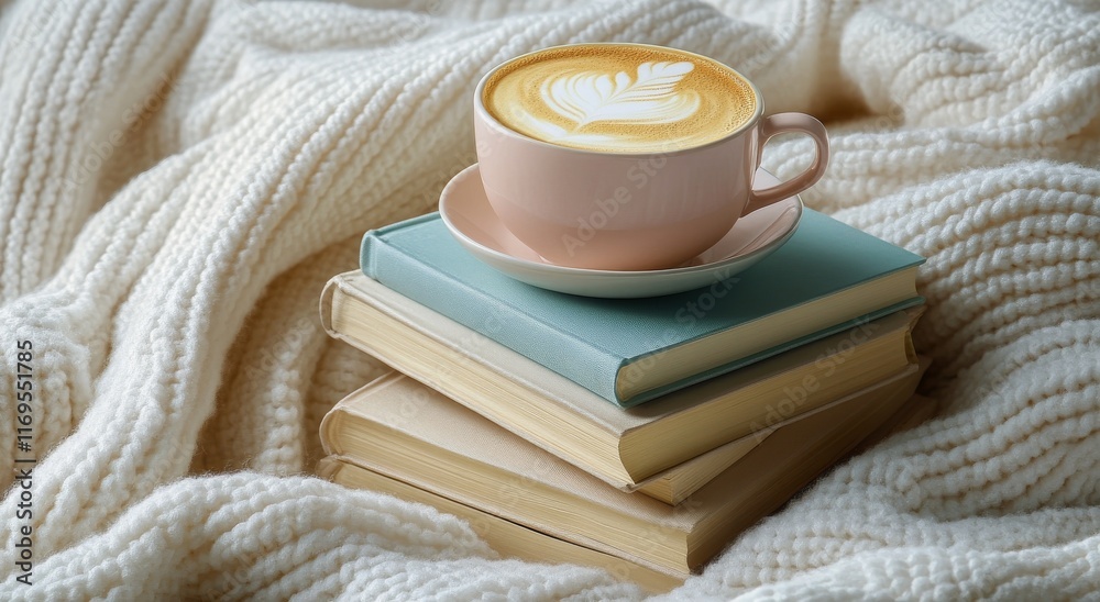 Cozy latte art on a pink cup placed on stacked books wrapped in a soft blanket Cozy latte art on a pink cup placed on stacked books wrapped in a soft blanket