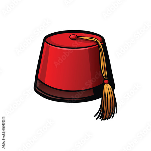 Vector illustration of a red fez hat with a gold tassel.