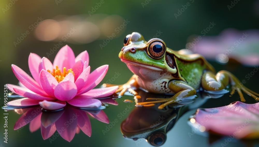 Shimmering frog surrounded by vibrant pink petals in still water, frog, wildlife, flower Shimmering frog surrounded by vibrant pink petals in still water, frog, wildlife, flower