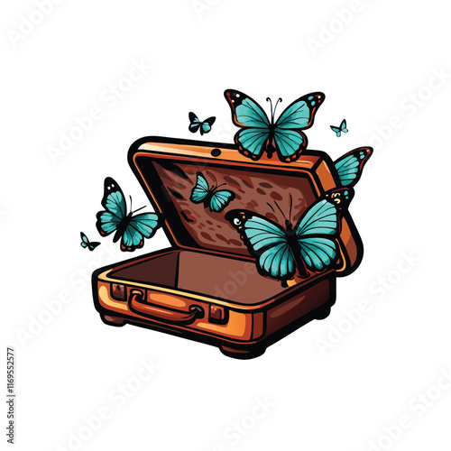 A vintage suitcase floats in the air with butterflies emerging from it.