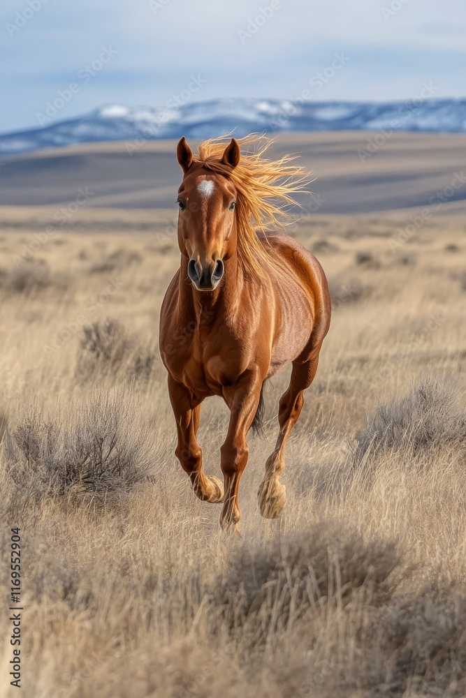 Majestic brown horse runs freely across vast grassy landscape under blue sky Majestic brown horse runs freely across vast grassy landscape under blue sky