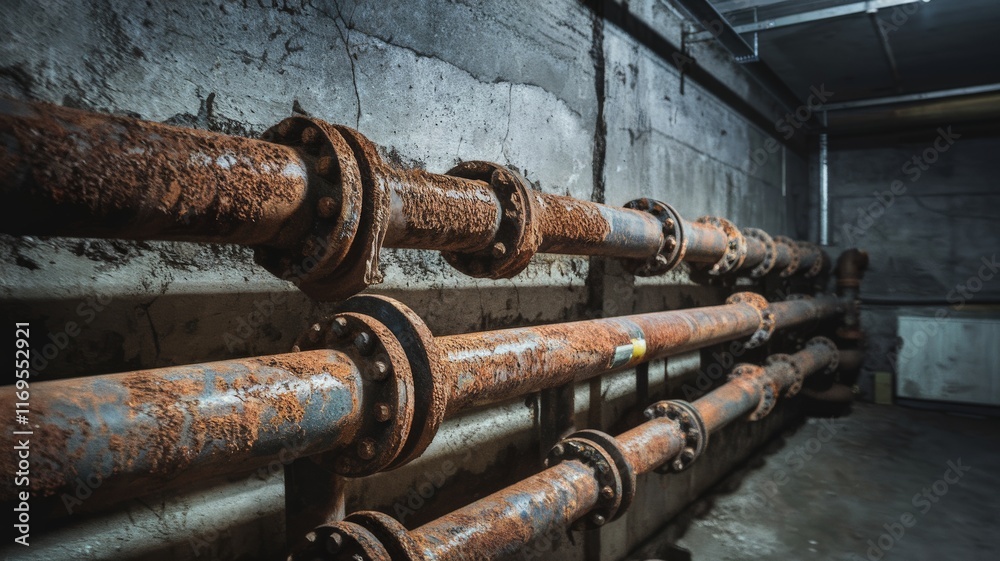 Rusty industrial pipes in a grungy underground setting Rusty industrial pipes in a grungy underground setting