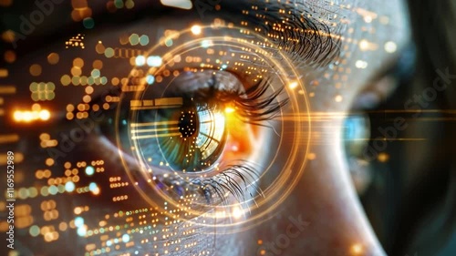 Close-up view of an eye infused with glowing circuit patterns, symbolizing the integration of artificial intelligence in human vision.