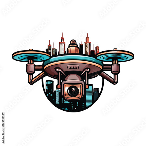 A futuristic drone with a camera lens hovering above a cityscape.