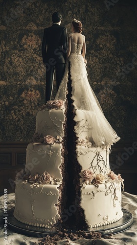 A striking wedding cake with a dramatic cut, featuring a bride and groom figurine. Perfect for concepts related to marriage, celebrations, and event planning.