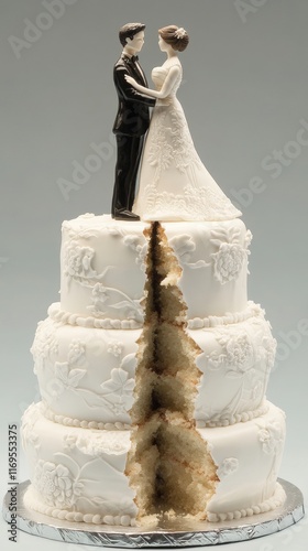 A striking wedding cake featuring a couple figurine atop a beautifully detailed three-tiered cake with a visible split, symbolizing a broken marriage.