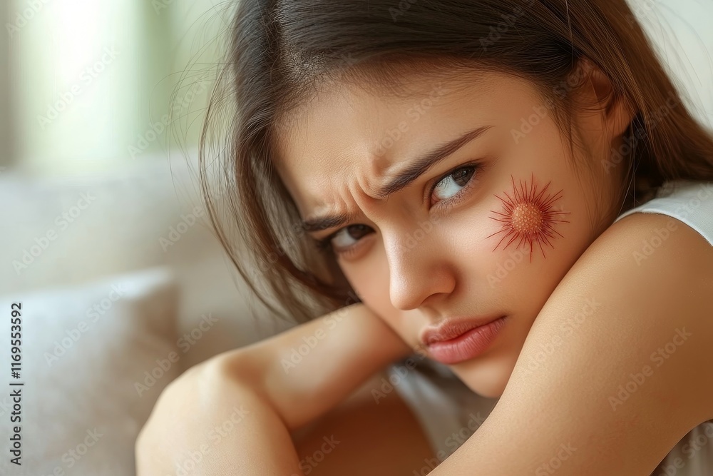 Dermatology, asian young woman reaction from atopic, insect bites on her back, hand in scratching itchy red spot or rash of skin. Healthcare, treatment of, Generative AI Dermatology, asian young woman reaction from atopic, insect bites on her back, hand in scratching itchy red spot or rash of skin. Healthcare, treatment of, Generative AI