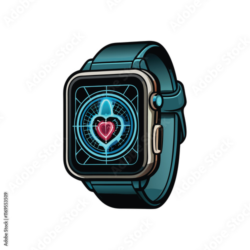 A futuristic smartwatch with a dark blue strap and a black face. The screen displays a blue and white digital interface with a red heart in the center.