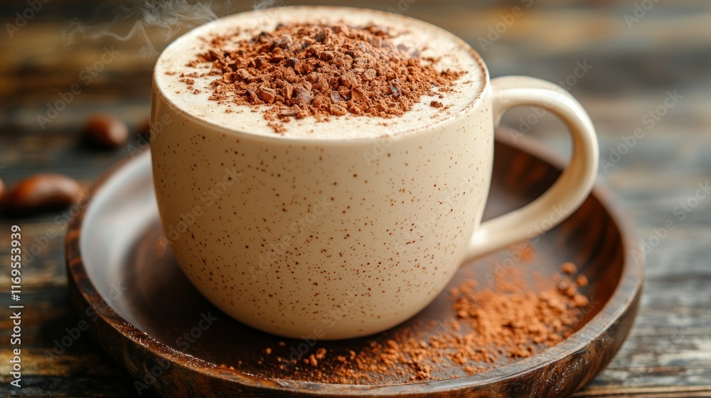 Steaming cocoa drink with chocolate shavings on wooden table, rustic setting Steaming cocoa drink with chocolate shavings on wooden table, rustic setting