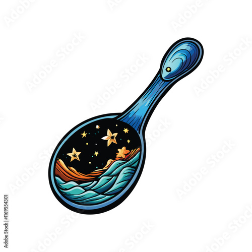 A giant spoon dipping into an ocean filled with stars at night.