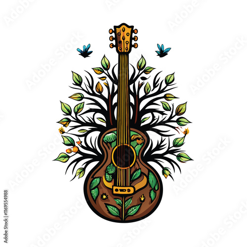 A guitar with tree branches growing from its body, with green leaves and yellow flowers.