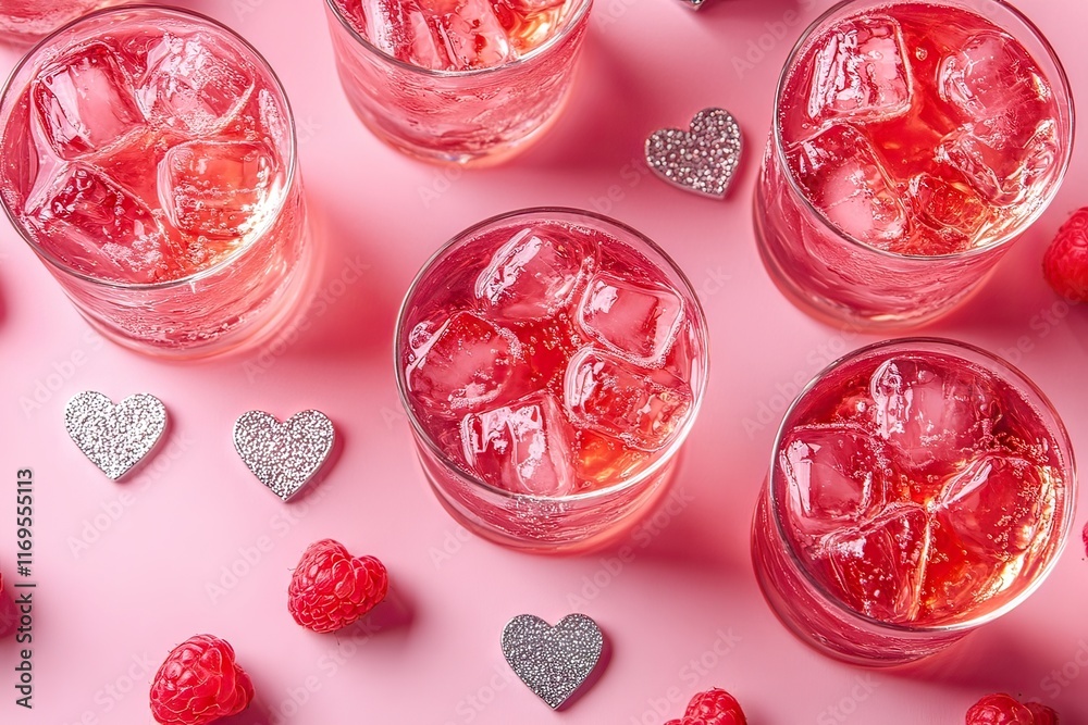 Fototapeta premium Glasses of cocktails with berries and ice on pink background. Drinks with strawberries top view. St. Valentine's Day